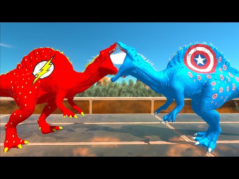 FLASH SPINOSAURUS vs CAPTAIN AMERICA SPINOSAURUS DEATH RUN -  Animal Revolt Battle Simulator