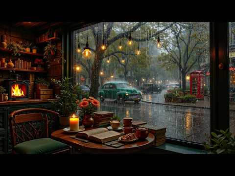 Elegant Rainy Café Jazz | Warm Firelight and Soft Street Views for Relaxation and Comfort