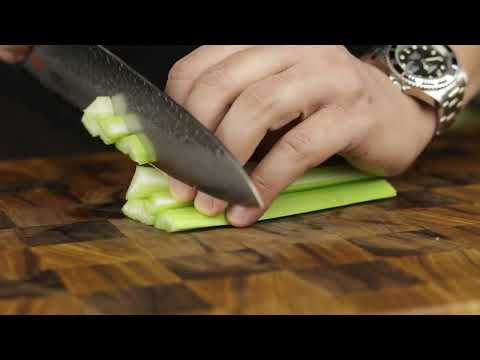 Suncraft Senzo VG10 240mm Tsuchime Damascus Gyuto vs Celery