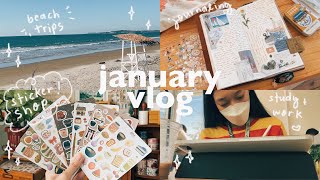 january vlog 🌸 sticker shop opening, beach trips, study & cram; a productive month! ⛵🎪