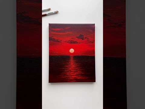 Crimson Ocean Under the Moon 🌊🌙🥀#landscapepainting #shorts #art