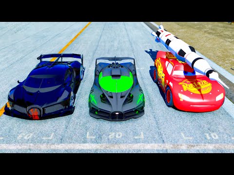 Bugatti Bolide Alien Engine vs Bugatti Black Devil vs Lightning McQueen Rocket Edition - Drag Race