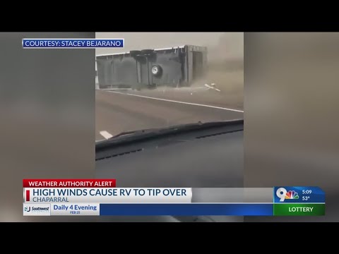 Moving trailer knocked over by wind in Chaparral