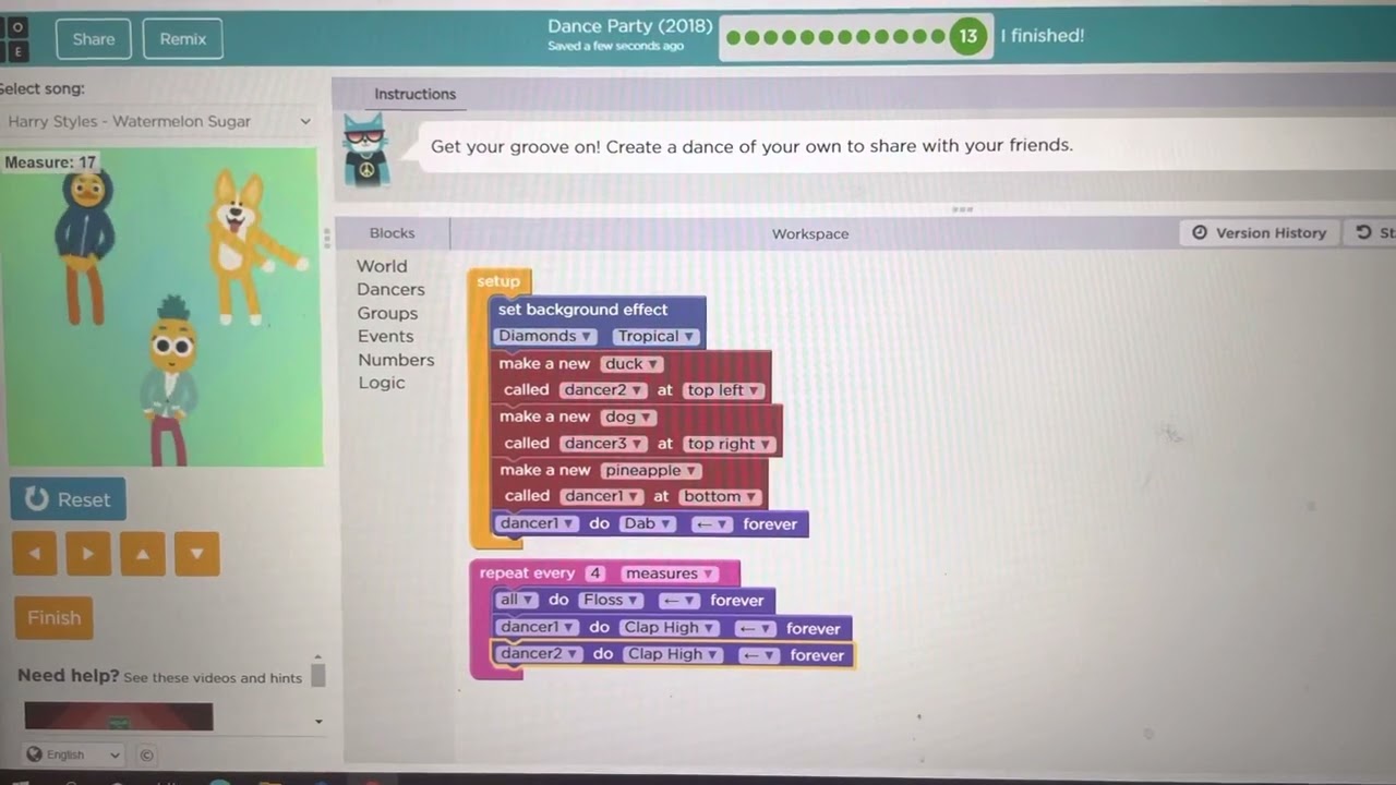 Code.org Dance Party (2018) Level 13 (Final Level)