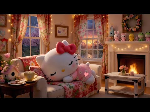 Hello Kitty Easter Nap Time by the Fireplace | Spring Ambience | Cozy Rain