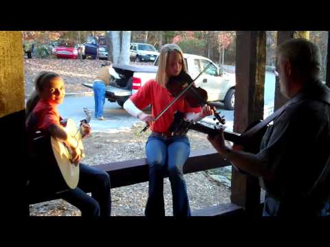 Danielle, Peyton and Dan Porch Pickin' n Fiddlin' at the Lodge