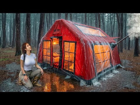 Camping in the rain in an inflatable tent in front of the beach . Rain sound ASMR