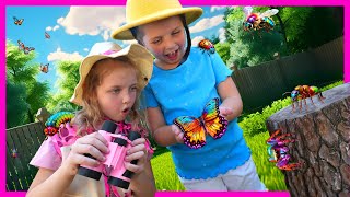 BUG CATCHING ADVENTURE!! Kin Tin and RoRo Grow Caterpillars to Butterflies! Family Learns about Bugs