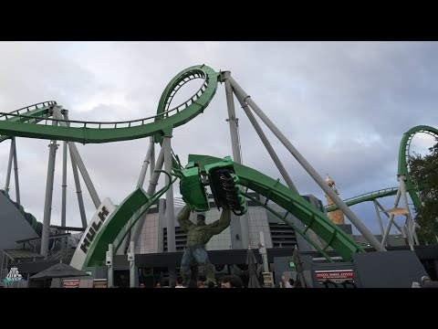 Off-ride footage of a Incredible Hulk train