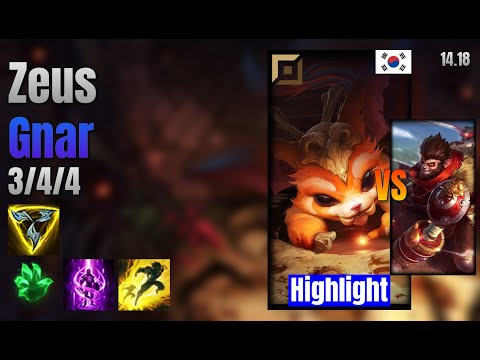 Zeus Top Gnar vs Wukong lol KR solo rank Highlight 14.18