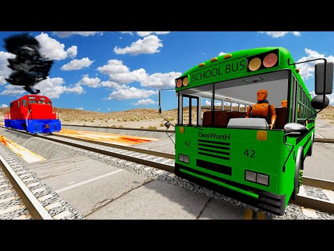 Trains vs Lava Crossing Road and Double Rails Tractor Rescue Stuck Cars and Buses - BeamNG Drive 013