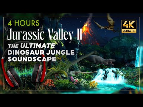 Jurassic Jungle Ambience - Dinosaur 3D Soundscape - Focus, Relaxation, Deep Sleep | 4k  🦖🦕🌋