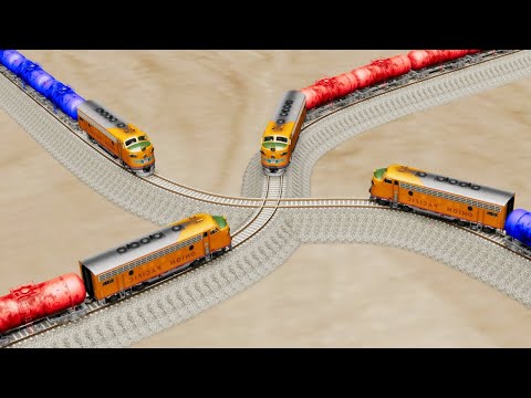 Impossible Multiple Overlapping Rail Tracks Crossover Vs Trains Crossing - BeamNG.Drive