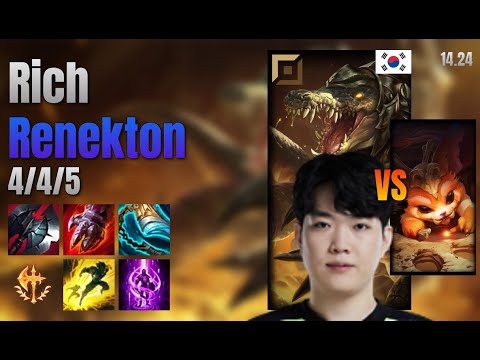 Rich Top Renekton vs Gnar lol KR solo rank Full Game 14.24 | 리치 레넥톤 vs 나르