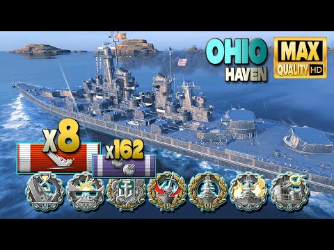 Battleship Ohio on map Haven, 8 ships destroyed - World of Warships