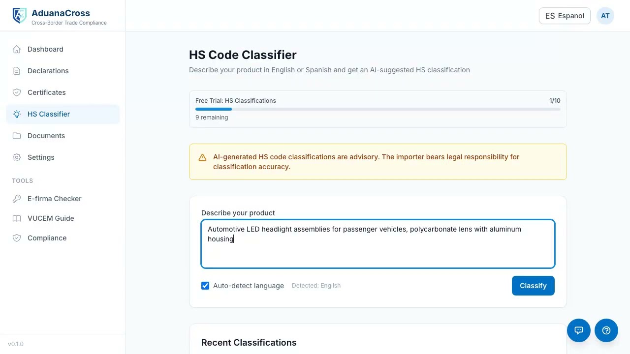 AduanaCross: Using the HS Code Classifier