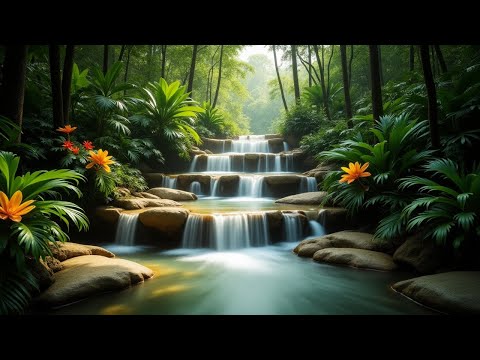 Waterfall Sound - Tropical Tranquility: Lush Embrace, Exotic Flowers, Golden Light, Flowing Stream