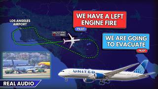 Engine FIRE in flight. EVACUATION after landing. United Boeing 787 returns to Los Angeles. Real ATC