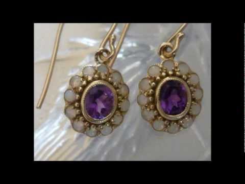 Antique Earrings - 9ct SOLID Gold Victorian AMETHYST & OPAL Drop Jewellery Online