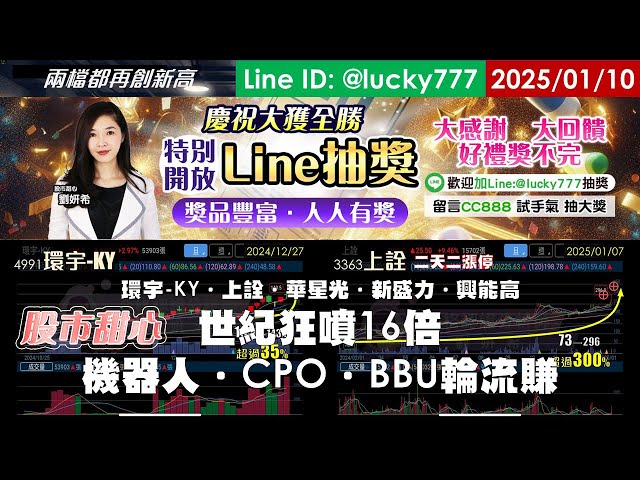 01/10【甜心盤後影音】狂賀～世紀狂噴16倍～環宇-KY．上詮．華星光．新盛力．興能高，機器人．CPO．BBU通通輪流賺！