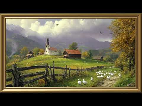 Vintage Farm and Church Landscape Painting | Gold Frame TV Art | Art Screensaver for TV 2 Hrs