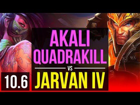 AKALI vs JARVAN IV (TOP) | Quadrakill, Triple Kill, KDA 12/2/6, Legendary | NA Challenger | v10.6