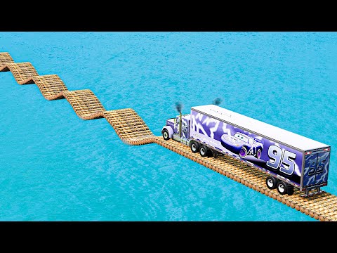 Lightning Mack Truck vs Impossible Log Wave Bridge Crossing Cars Vs Deep Water - BeamNG.Drive