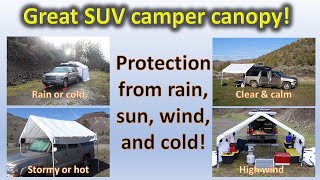 SUV camping tarp shelter configurations for no build camper
