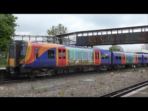 Special Livery 450118 & 077 Working Services to London Waterloo @ Havant - 29/4/17