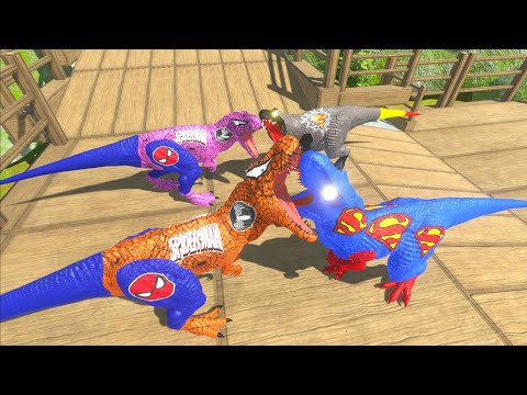 SUPERMAN T-REX COUPLE VS SPIDERMAN T-REX COUPLE WAKE WOOD DEATH RUN - Animal Revolt Battle Simulator