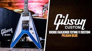 Video thumbnail for Peach Picks | Gibson Custom Richie Faulkner Flying V Custom Pelham Blue w/Floyd Rose by Peach Guitars