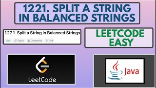 YouTube video 'Leetcode | 1221. Split a String in Balanced Strings | Easy | Java Solution'