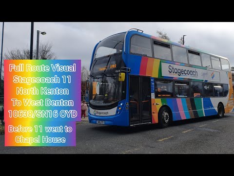 MAJOR DIVERSION: Full Route Visual | Stagecoach NE 11 | North Kenton - West Denton | 10638 SN16 OYD