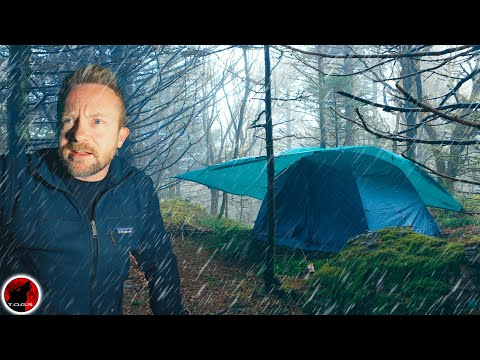 ⛈️ Tarp & Tent Camping With a Rock Wall Shield - Heavy Rain and Storms Adventure