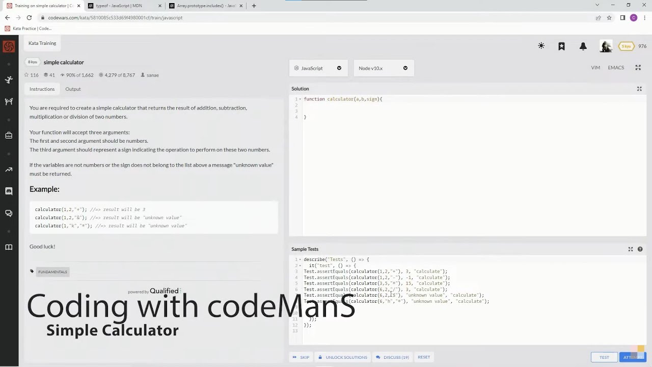 Codewars 8 kyu Simple Calculator JavaScript