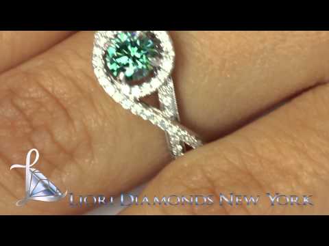 FD-652 - 0.85 Carat Fancy Greenish Blue Diamond Engagement Ring 14k White Gold Pave Halo