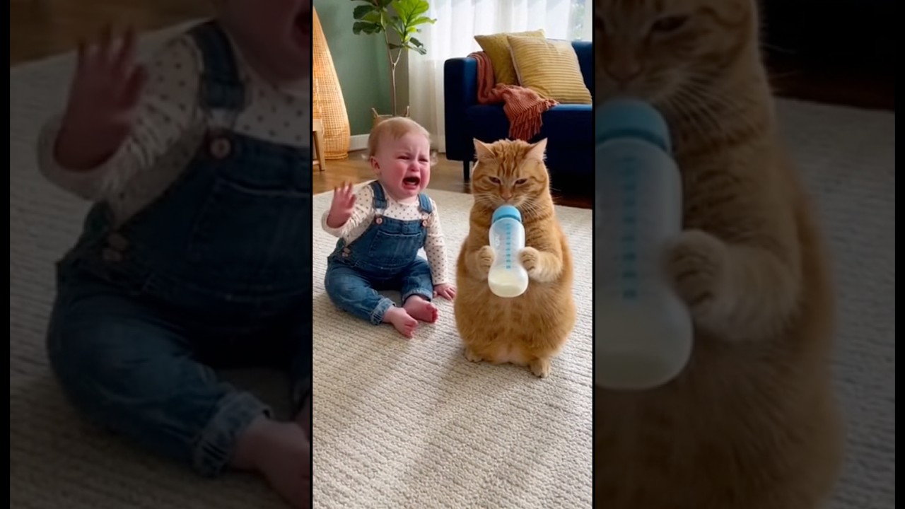 猫にミルクを飲まれてしまい泣いてしまう赤ちゃん👶🐈#cat #cats #baby #cute #funny #shorts #catvideos #赤ちゃん #猫のいる暮らし