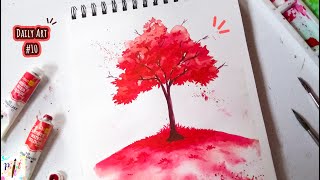 Crimson Red Tree Painting Technique / Simple Watercolor Monochrome Painting Step by Step / Paint It