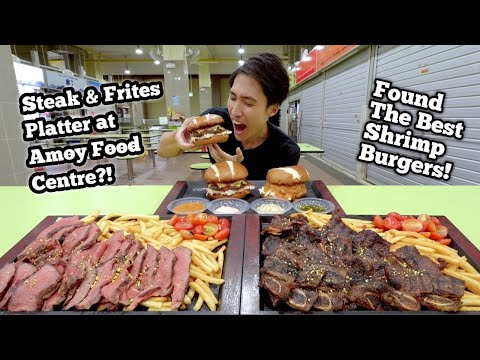 Incrível prato de bife e costela! | Encontramos o MELHOR hambúrguer de camarão Hawker no Amoy Food Center!