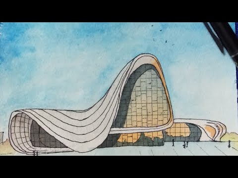 easy watercolor sketch of Heydar Aliyev center - Zaha Hadid.