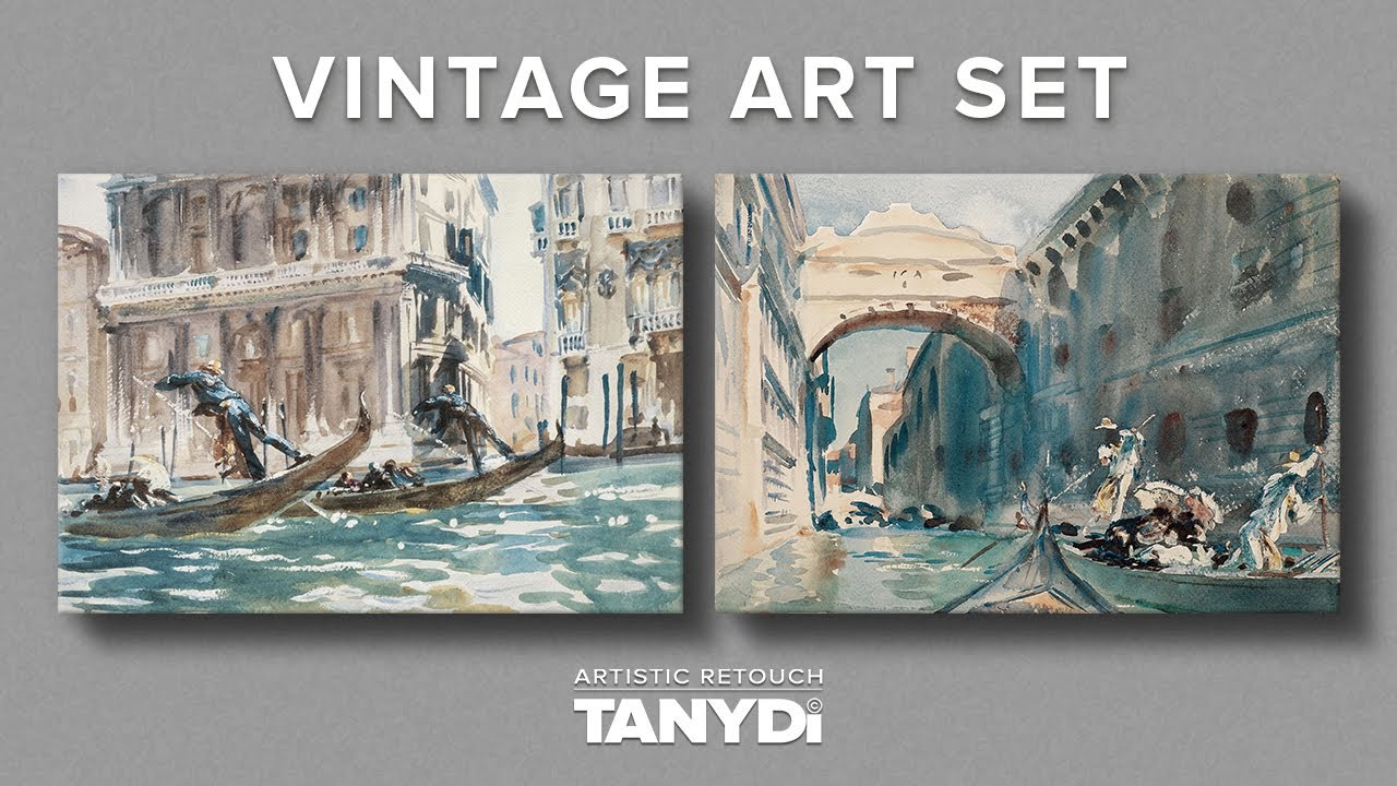 View of Venice Gondoliers, John Singer Sargent, 2 Architecture Paintings, Vintage Set 2ra2-102