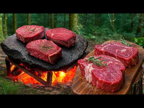 Primitive Steaks Cooking in the Wild | Bushcraft Campfire Steaks Compilation