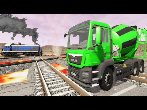 Cars vs Lava Crosses Road - Cars vs Double Rails #3 - BeamNG.Drive