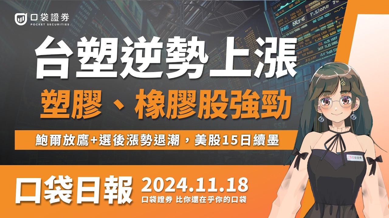 【口袋日報】台塑逆勢上漲!塑膠、橡膠類股漲幅強勁!櫃買持續下跌,中小型股弱勢,美股15日續墨,鮑爾放鷹+大選後漲勢退潮!2024.11.18