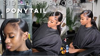 SLEEK SIDE PART SWOOP EXTENDED PONYTAIL TUTORIAL!| NATURAL HAIR | iamroxybennett ponytails