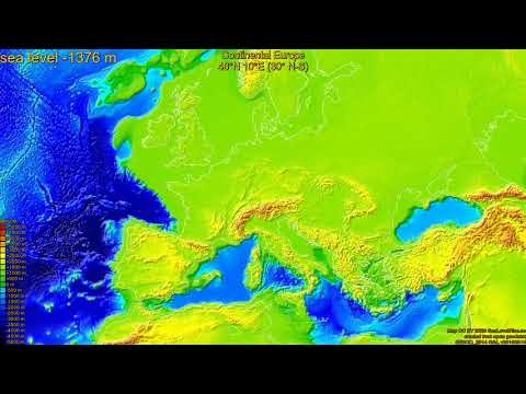 Continental Europe, fictional sea level change -1500 - 500 m