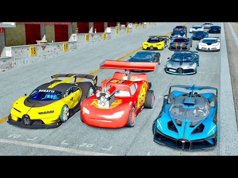 Lightning McQueen Dragster vs Bugatti Hypercars Drag Race at 24 KM Straight Road