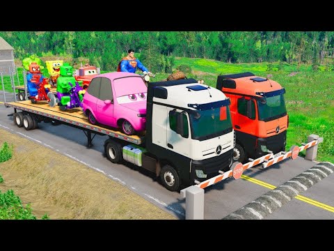 Flatbed Trailer Truck Potholes Transport Car Portal Trap Rescue - Cars vs Speed Bumps - BeamNG.drive