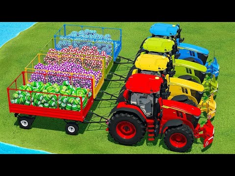 LOAD AND TRANSPORT SUPER HERO, DINOSAURS EGGS WITH JOHN DEERE TRACTORS - Farming Simulator 22