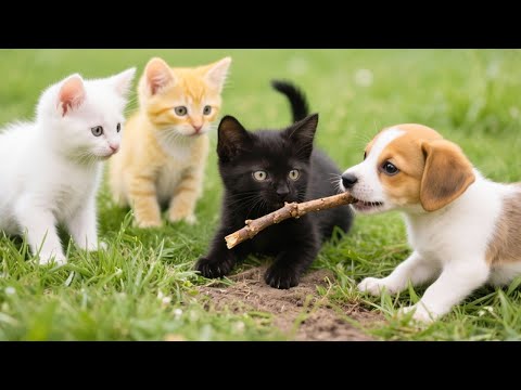 Cat and puppy playing on the grass - Cat sounds - Cat videos